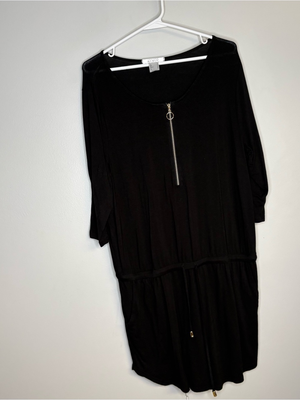 Black Midi Dress with Front Zip and Drawstring Waist swimsuit coverup
